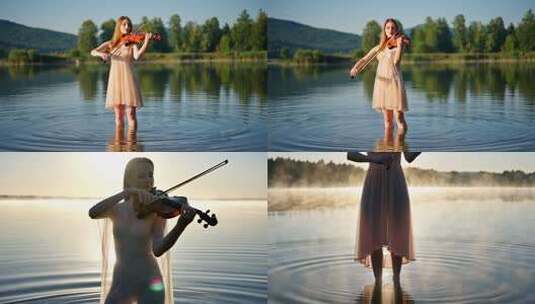 女子湖畔拉小提琴高清在线视频素材下载