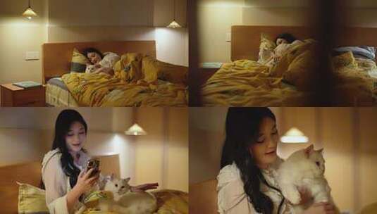 家居萌宠可爱宠物猫咪独居女孩高清在线视频素材下载