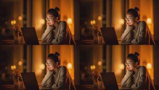 夜晚居家女性使用笔记本电脑高清在线视频素材下载