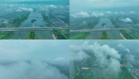 城市上空云海航拍全景石家庄雨后滹沱河云海高清在线视频素材下载