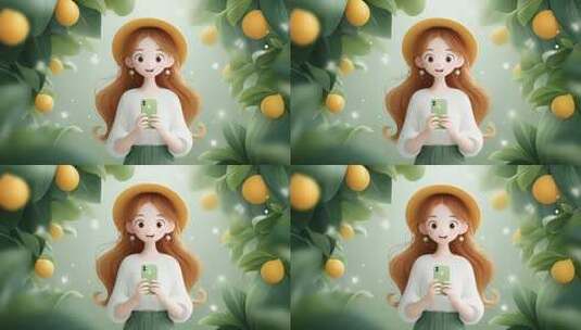卡通女孩在柠檬树下使用手机高清在线视频素材下载
