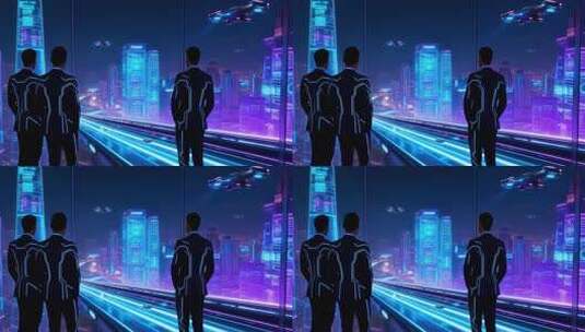三人眺望未来科技城市景象高清在线视频素材下载