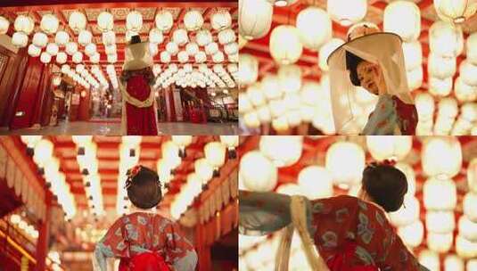 古风女子于灯笼下的优雅姿态高清在线视频素材下载