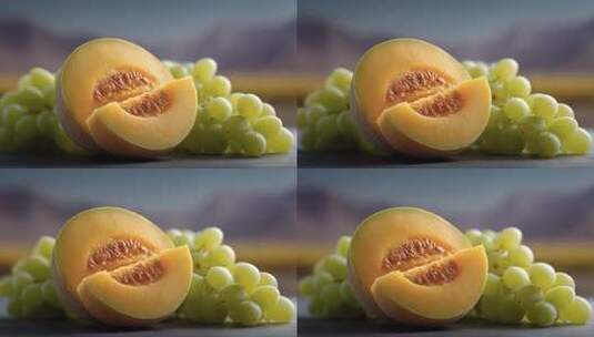 哈密瓜与葡萄的鲜美特写高清在线视频素材下载