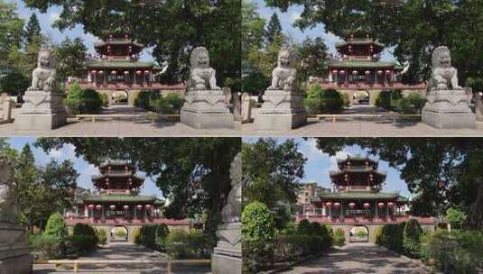石狮子守护下的古建筑景观高清在线视频素材下载
