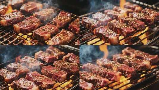 烤架上烤制的牛肉牛排高清在线视频素材下载