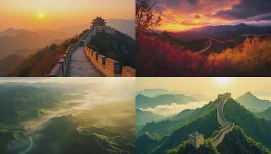 航拍晨曦中的长城与山峦高清在线视频素材下载