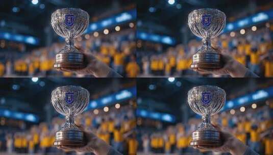 手捧奖杯庆祝胜利的喜悦时刻高清在线视频素材下载