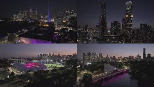 城市航拍墨尔本市中心摩天大楼夜景灯光高清在线视频素材下载