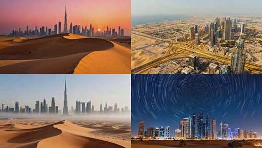 迪拜沙漠与城市风光 沙漠中的城市天际线高清在线视频素材下载