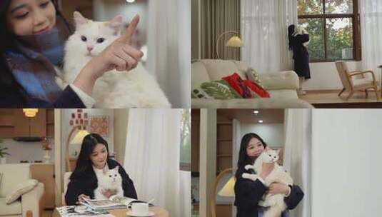 女孩与猫咪玩耍高清在线视频素材下载