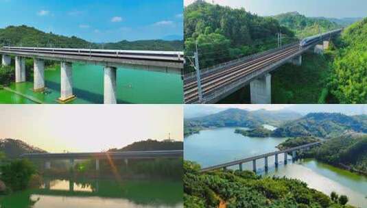 高铁复兴号穿越山间水库上的桥梁全景高清在线视频素材下载