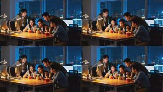 办公室团队加班吃泡面场景高清在线视频素材下载