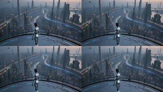 机器人眺望未来科幻城市高清在线视频素材下载