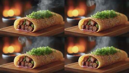 热气腾腾的美味肉夹馍令人垂涎欲滴高清在线视频素材下载