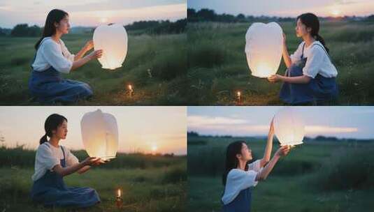 女孩草地放孔明灯夕阳景象高清在线视频素材下载