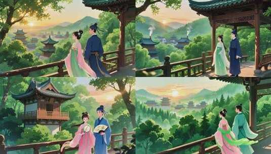 古代才子佳人 郊游约会 国风动画高清在线视频素材下载