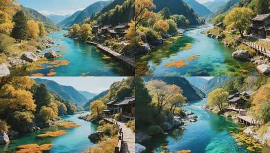 山间河流旁的中式建筑风景高清在线视频素材下载