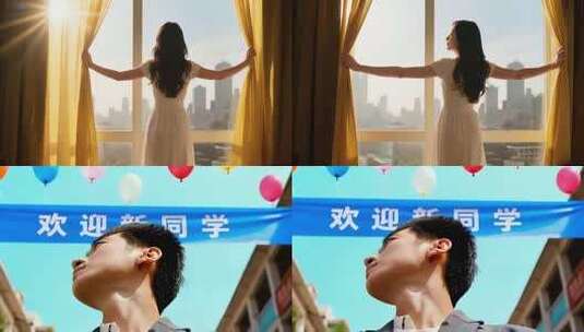 女子窗边拉开窗帘迎接阳光高清在线视频素材下载