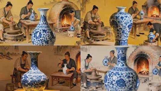 中古代工匠用传统工艺制作青花瓷制作过程高清在线视频素材下载