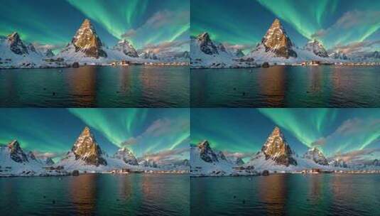 挪威雪山极光下的湖景高清在线视频素材下载
