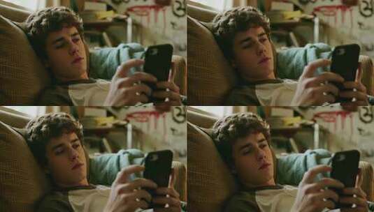 男孩沙发上玩手机素材高清在线视频素材下载