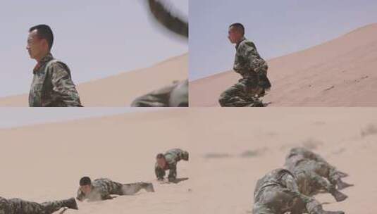 烈日下边防战士在沙漠中演练特写慢动作高清在线视频素材下载