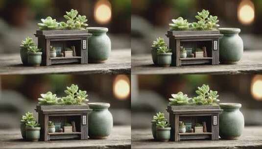 盆栽多肉植物与木质微缩景观和谐共生高清在线视频素材下载