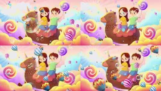 儿童骑独角兽卡通画面高清在线视频素材下载