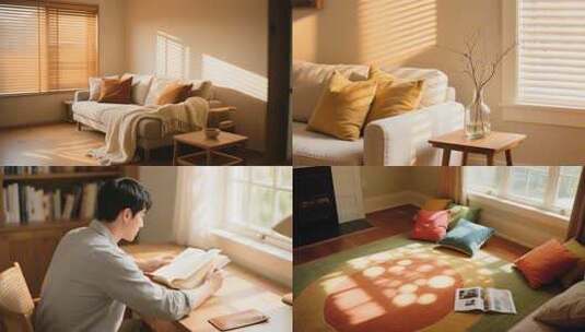 阳光透过窗户温馨室内暖色调居家生活高清在线视频素材下载