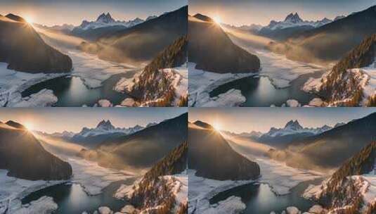 雪山森林河流日出全景高清在线视频素材下载