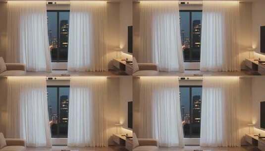 客厅内电动窗帘拉开场景高清在线视频素材下载