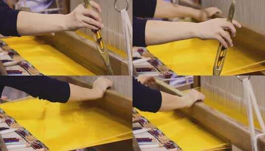 手工织布者操作织布工具高清在线视频素材下载