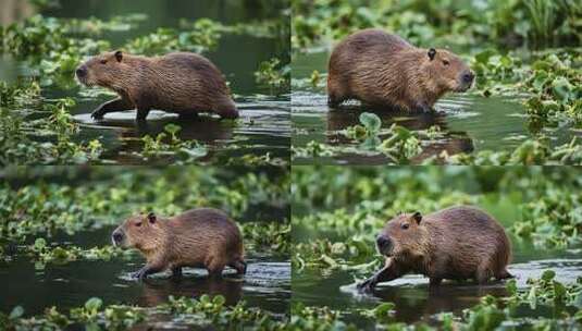 水獭在水中行走的画面高清在线视频素材下载