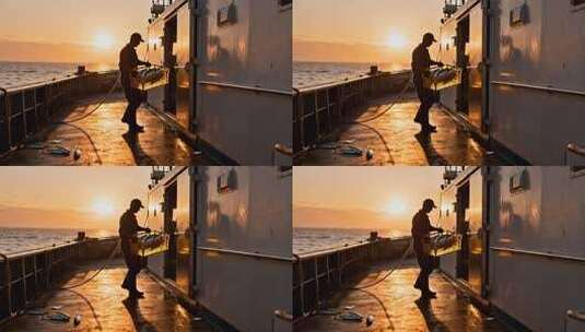 夕阳下渔船甲板上的渔民作业高清在线视频素材下载