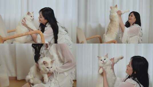 美女与可爱猫咪的日常高清在线视频素材下载