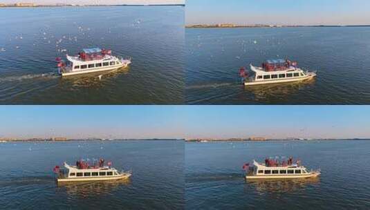 航拍滇池游船与海鸥高清在线视频素材下载