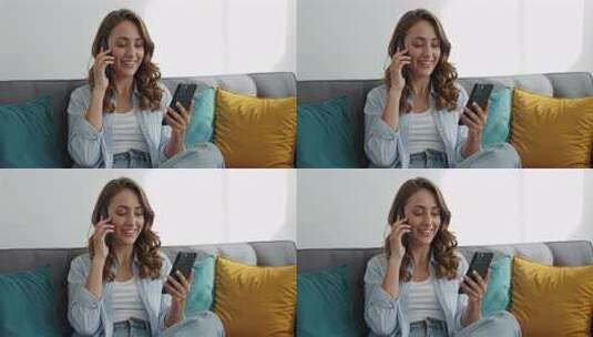 女子沙发上打电话玩手机素材高清在线视频素材下载