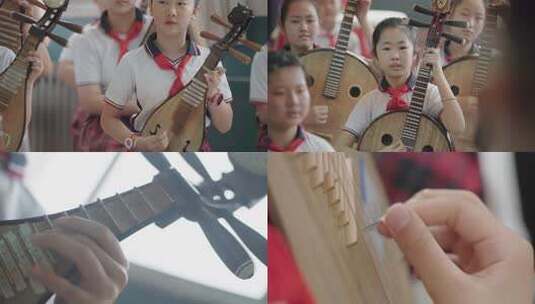 小学生手持琵琶校园演奏素材高清在线视频素材下载