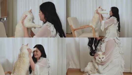 美女与可爱猫咪的温馨时光高清在线视频素材下载