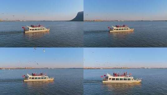 航拍滇池游船与海鸥高清在线视频素材下载