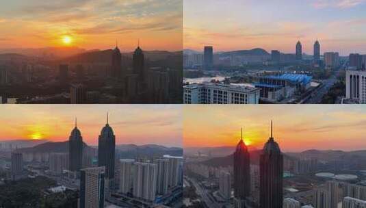 航拍枣庄新城市政驻地初冬的朝霞高清在线视频素材下载