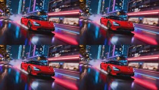 城市夜景中红色跑车行驶画面高清在线视频素材下载