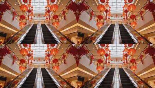 商场内悬挂灯笼的自动扶梯高清在线视频素材下载