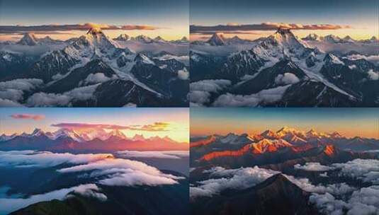 喜马拉雅山脉航拍云雾日出壮丽雪山日出景观高清在线视频素材下载