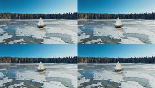 湖面结冰处的帆船与森林景观高清在线视频素材下载