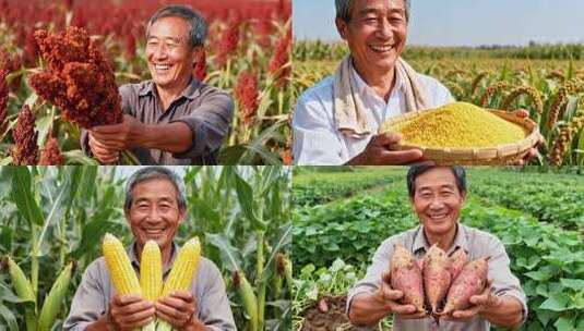 农作物粮食丰收农民喜庆笑脸各种粮食高清在线视频素材下载
