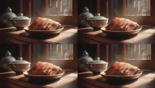 唐朝美食：琥珀色的东坡肉在阳光下诱人高清在线视频素材下载