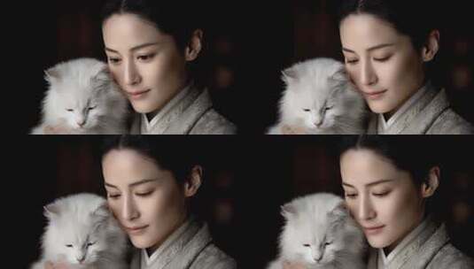 唐朝仕女怀抱白猫温柔相依的宁静瞬间高清在线视频素材下载
