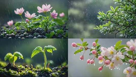 下雨春雨谷雨惊蛰万物生长复苏雨中幼苗生长高清在线视频素材下载